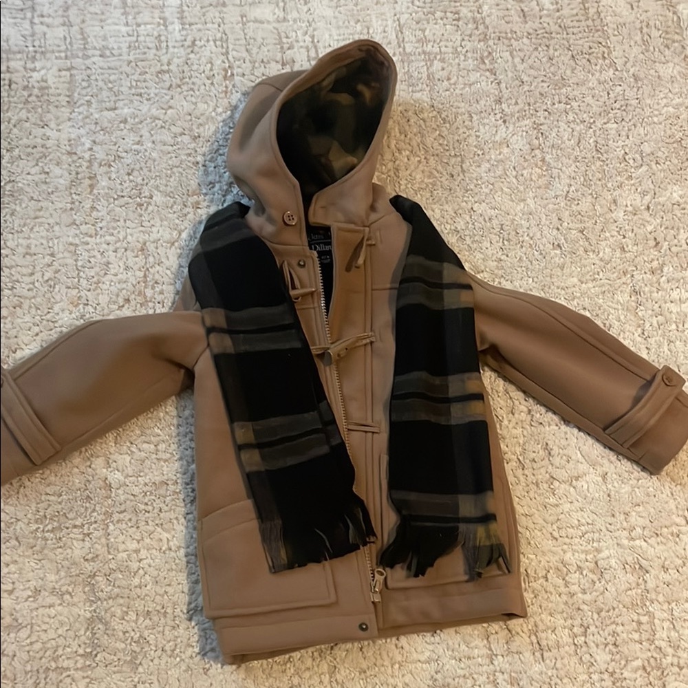 Class Club Tan Hooded Puffer Jacket with Black Scarf